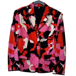 G Essentials‎ Women's Floral Print Blazer Jacket Red Pink Black